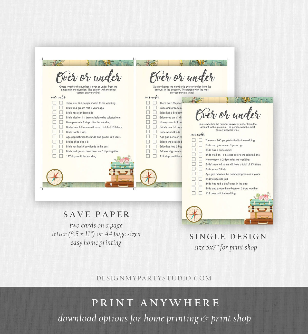 Editable Over or Under Bridal Shower Game Travel More or Less Guess Wedding Shower Activity Vintage Map Digital Template Printable 0044