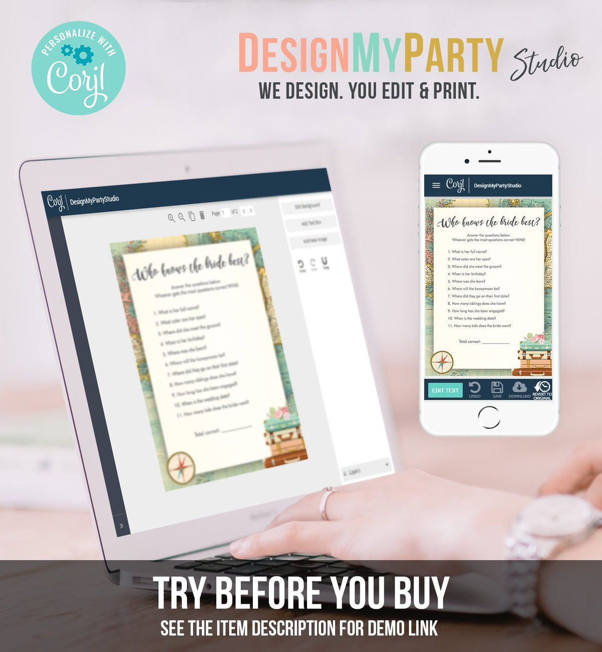 Editable Who Knows the Bride Best Bridal Shower Game Travel Wedding Shower Activity Rustic Vintage Map Party Corjl Template Printable 0044