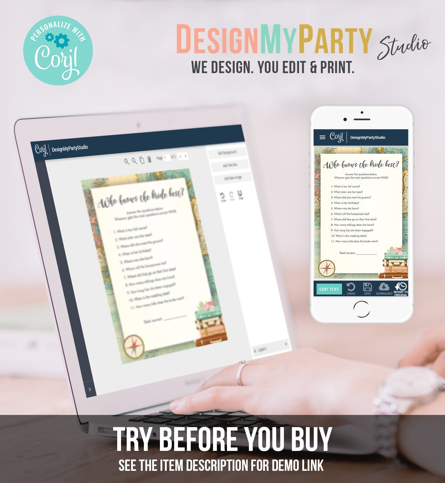 Editable Who Knows the Bride Best Bridal Shower Game Travel Wedding Shower Activity Rustic Vintage Map Party Corjl Template Printable 0044