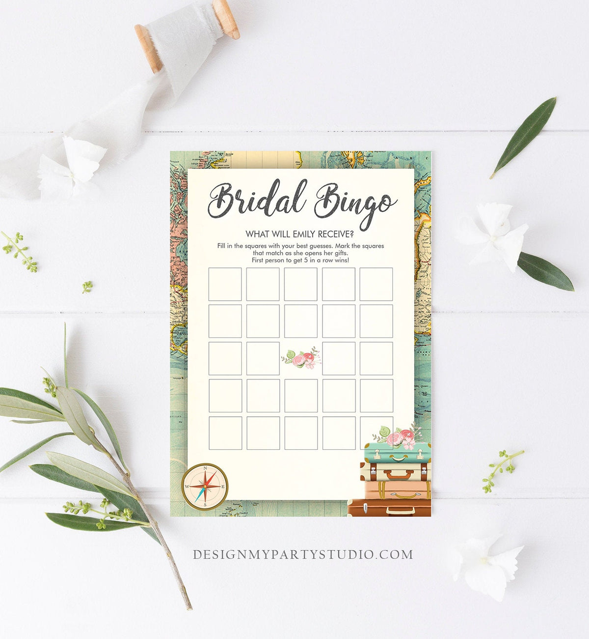 Editable Bridal Bingo Bridal Shower Game Travel Wedding Shower Activity Rustic Suitcases Vintage Map Party Corjl Template Printable 0044