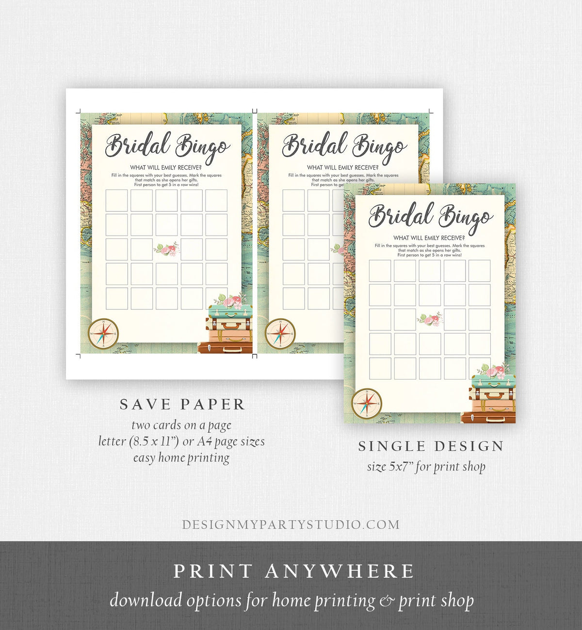 Editable Bridal Bingo Bridal Shower Game Travel Wedding Shower Activity Rustic Suitcases Vintage Map Party Corjl Template Printable 0044