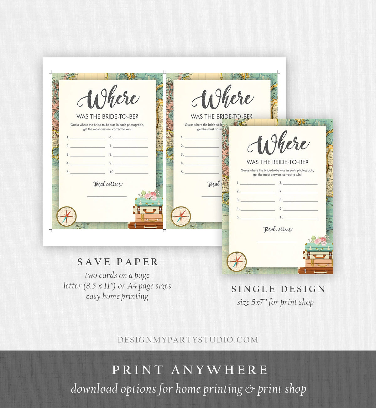 Editable Where Was the Bride-To-Be Bridal Shower Game Travel Where Was She Wedding Shower Activity Vintage Map Corjl Template Printable 0044