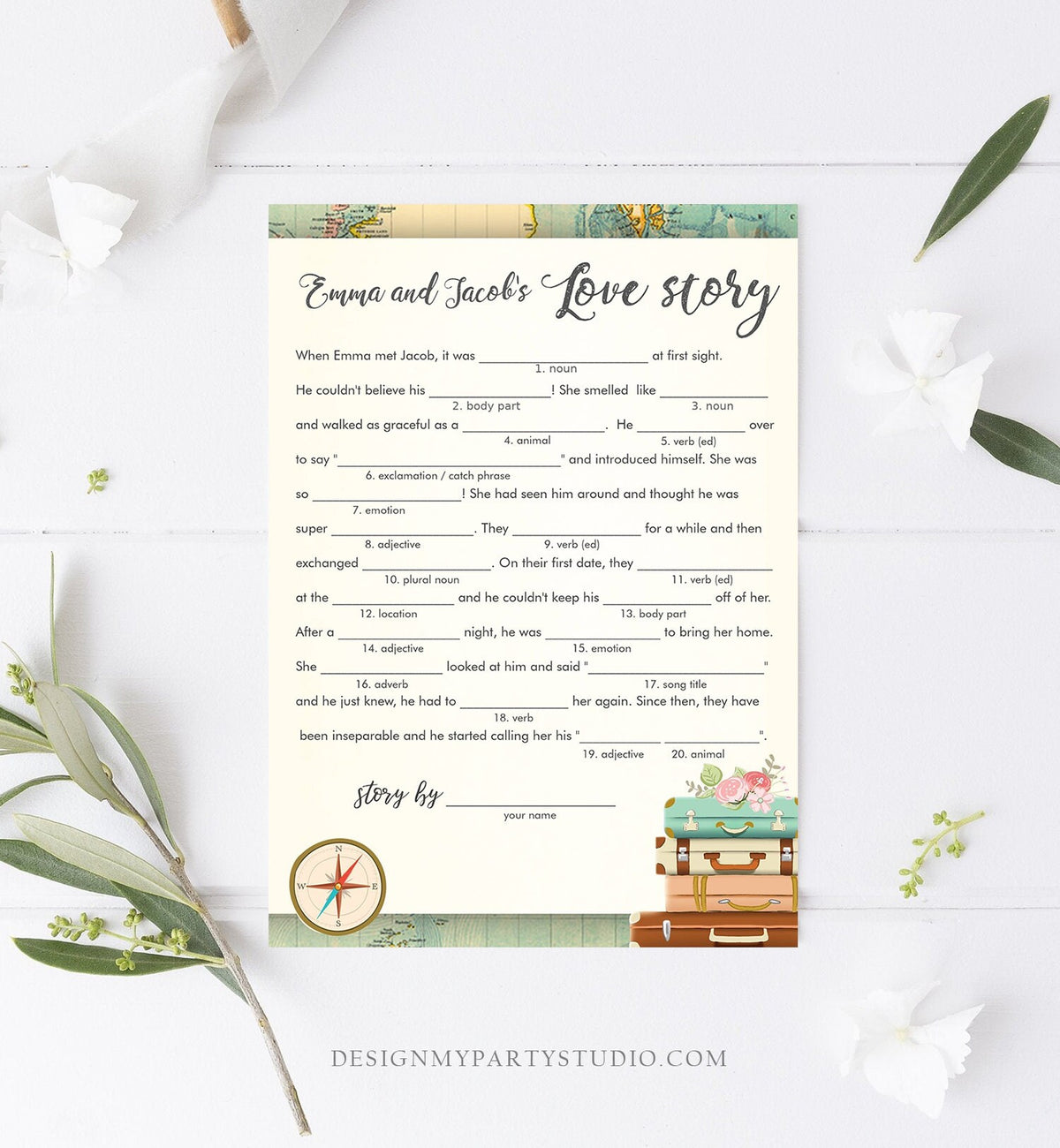 Editable Love Story Bridal Shower Game Travel Funny Game Wedding Shower Activity Suitcases Vintage Map Party Digital Template Printable 0044