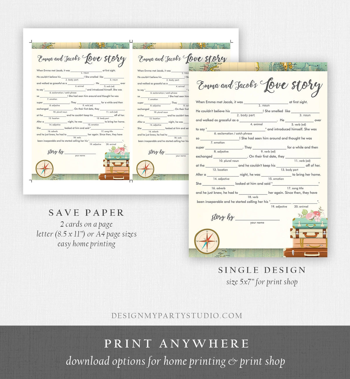 Editable Love Story Bridal Shower Game Travel Funny Game Wedding Shower Activity Suitcases Vintage Map Party Digital Template Printable 0044