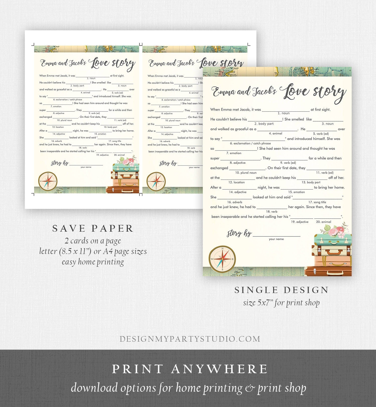 Editable Love Story Bridal Shower Game Travel Funny Game Wedding Shower Activity Suitcases Vintage Map Party Digital Template Printable 0044