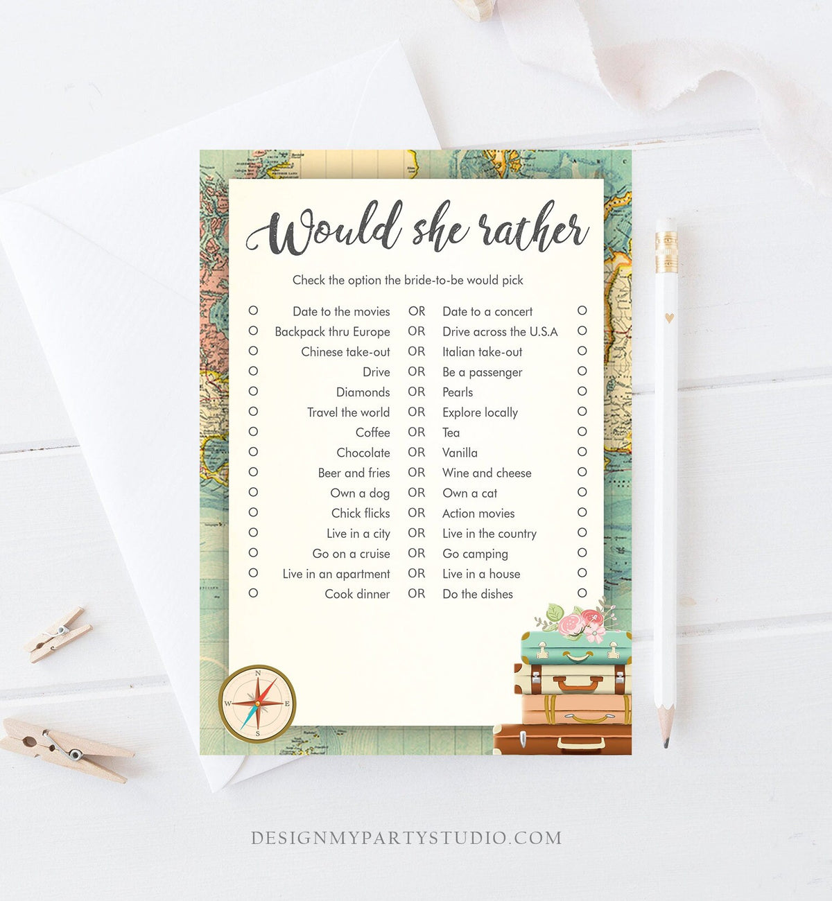 Editable Bridal Shower Games Bundle Travel Wedding Shower Activity Games Suitcases Adventure Rustic Travel Vintage Map Corjl Template 0044