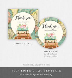 Editable Travel Favor Tags Travel Adventure Bridal Shower Round Square Suitcases Labels Stickers Map Download Corjl Template Printable 0044
