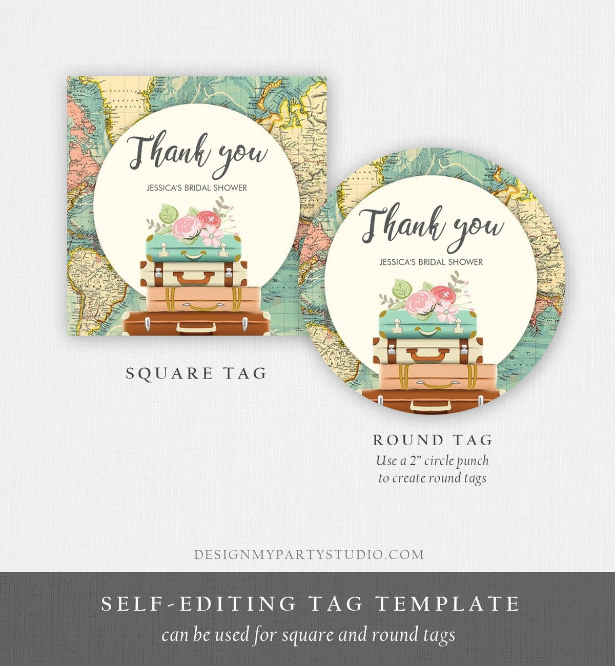 Editable Travel Favor Tags Travel Adventure Bridal Shower Round Square Suitcases Label Stickers Map Download Digital Template Printable 0044