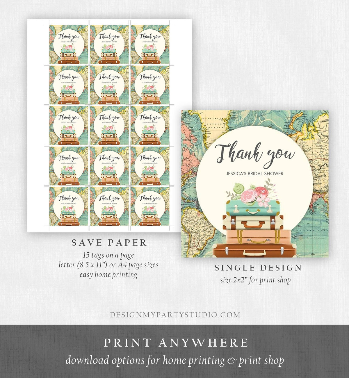 Editable Travel Favor Tags Travel Adventure Bridal Shower Round Square Suitcases Label Stickers Map Download Digital Template Printable 0044