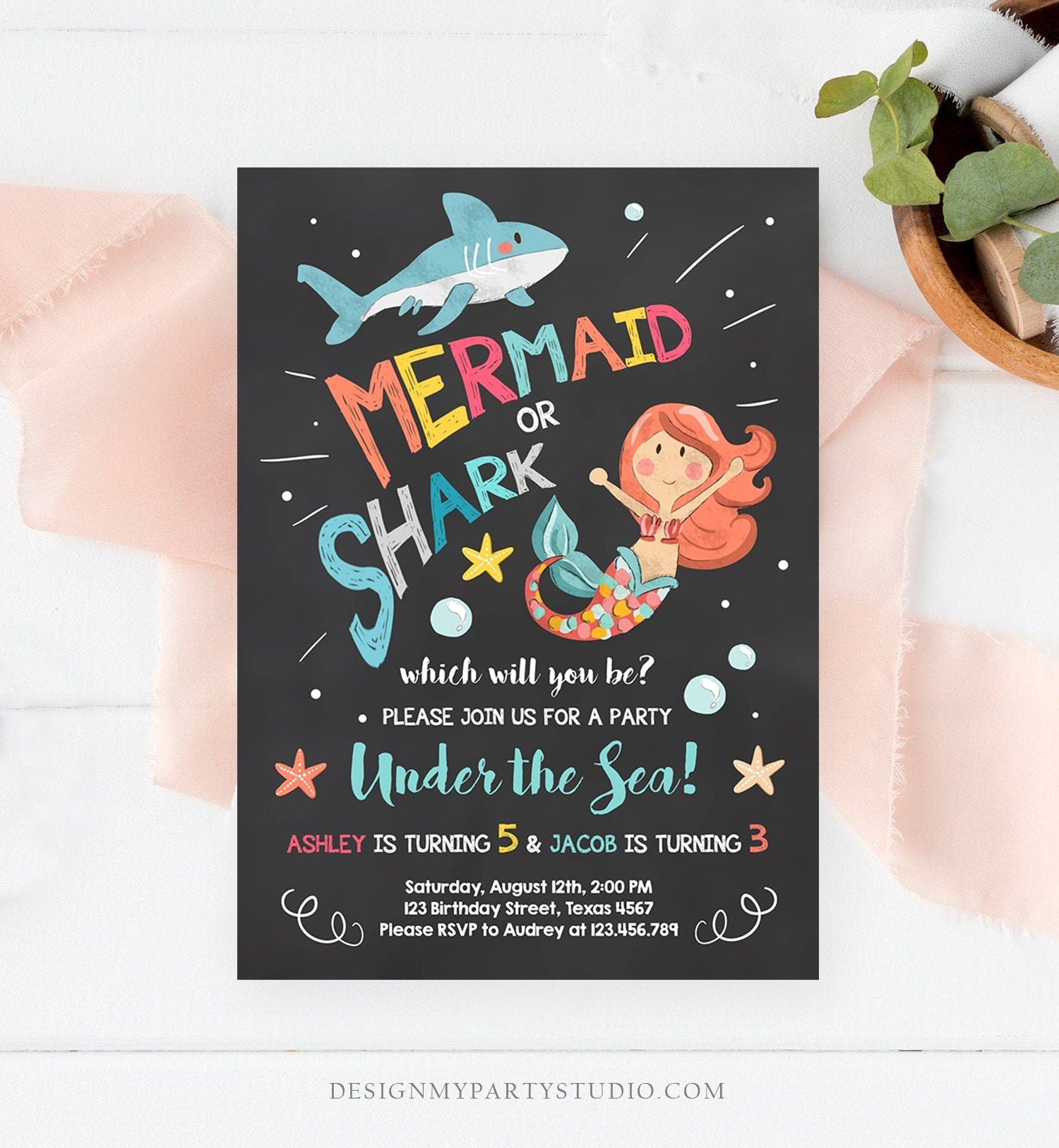 Editable Mermaid or Shark Birthday Invitation Under The Sea Party Coed - Design My Party Studio editable-mermaid-or-shark-birthday-invitation-under-the-sea-party-coed-design-my-party-studio