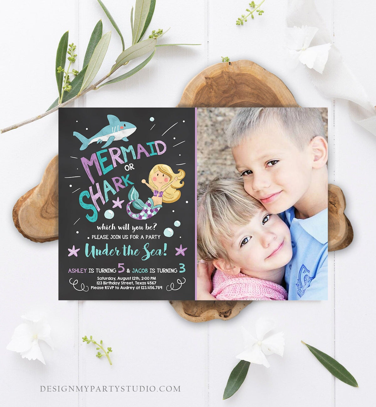 Editable Mermaid or Shark Birthday Invitation Under The Sea Party Coed Pool Party Brother Sister Photo Ocean Corjl Template Printable 0197