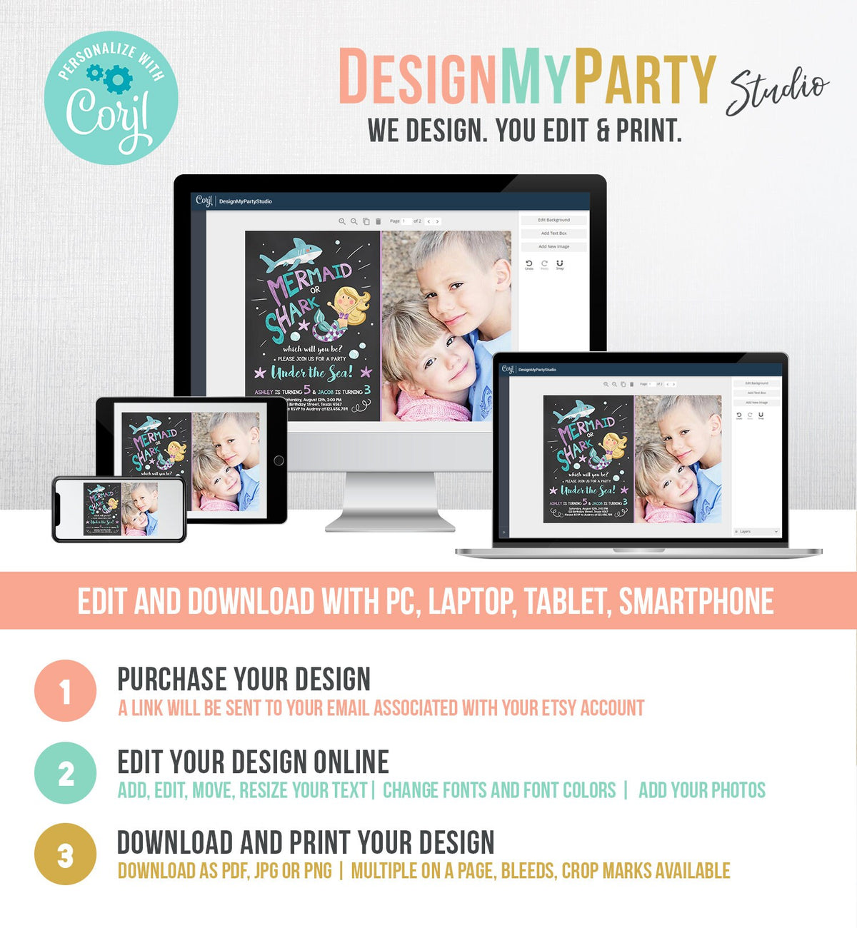 Editable Mermaid or Shark Birthday Invitation Under The Sea Party Coed Pool Party Brother Sister Photo Ocean Corjl Template Printable 0197