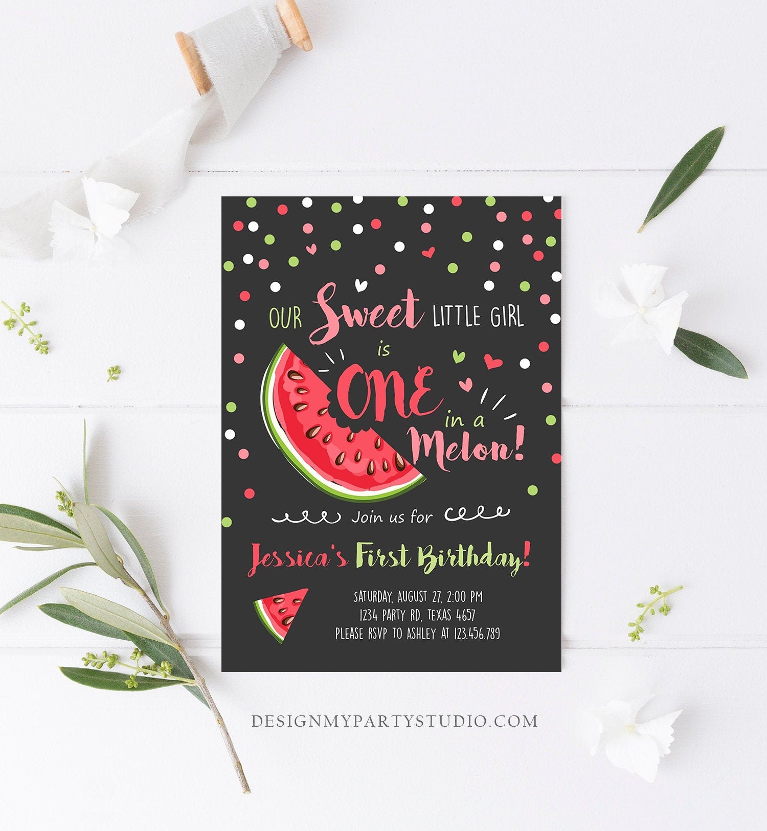 Editable Watermelon Birthday Invitation Girl Pink Red One in a Melon Party Summer Fruit First Birthday 1st Corjl Template Printable 0120