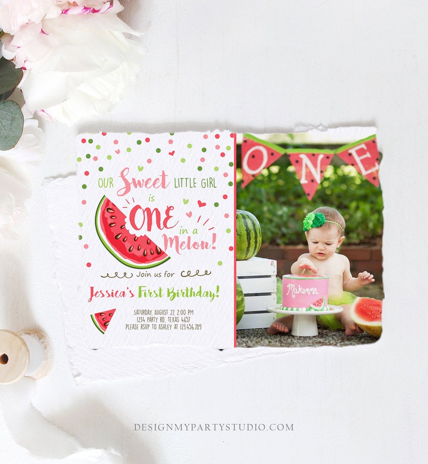 Editable Watermelon Birthday Invitation Girl Pink Red One in a Melon Party Summer Fruit First Birthday 1st Corjl Template Printable 0120