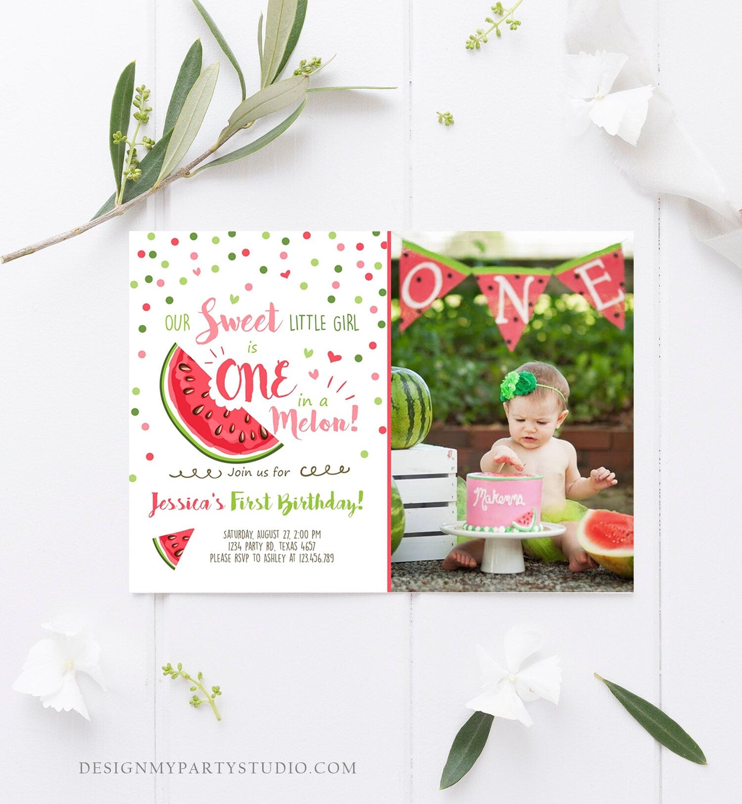 Editable Watermelon Birthday Invitation Girl Pink Red One in a Melon Party Summer Fruit First Birthday 1st Corjl Template Printable 0120