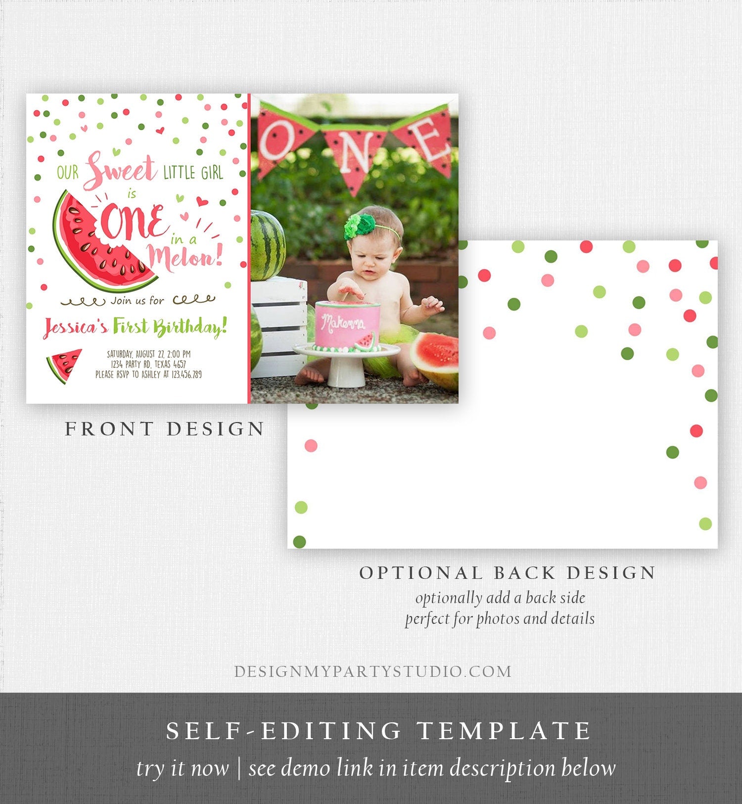 Editable Watermelon Birthday Invitation Girl Pink Red One in a Melon Party Summer Fruit First Birthday 1st Corjl Template Printable 0120