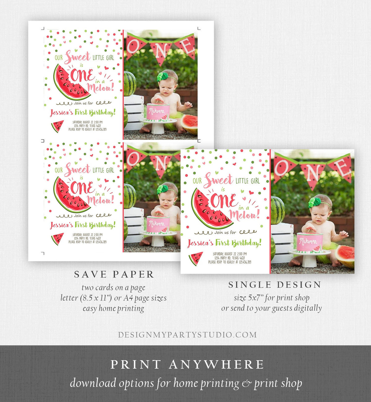 Editable Watermelon Birthday Invitation Girl Pink Red One in a Melon Party Summer Fruit First Birthday 1st Corjl Template Printable 0120