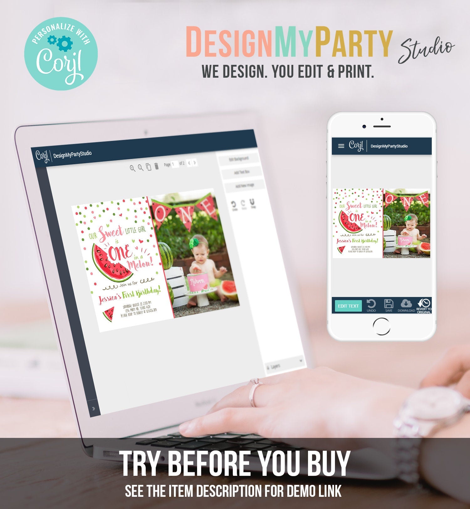 Editable Watermelon Birthday Invitation Girl Pink Red One in a Melon Party Summer Fruit First Birthday 1st Corjl Template Printable 0120