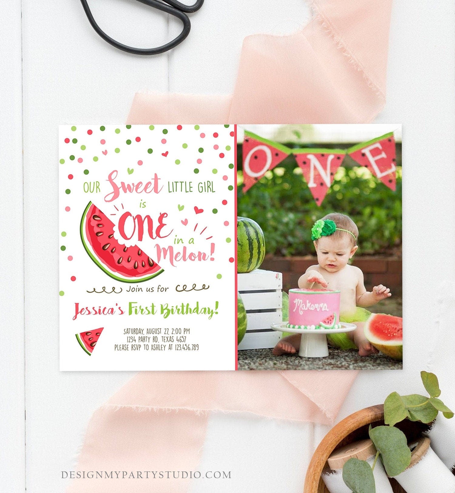 Editable Watermelon Birthday Invitation Girl Pink Red One in a Melon Party Summer Fruit First Birthday 1st Corjl Template Printable 0120