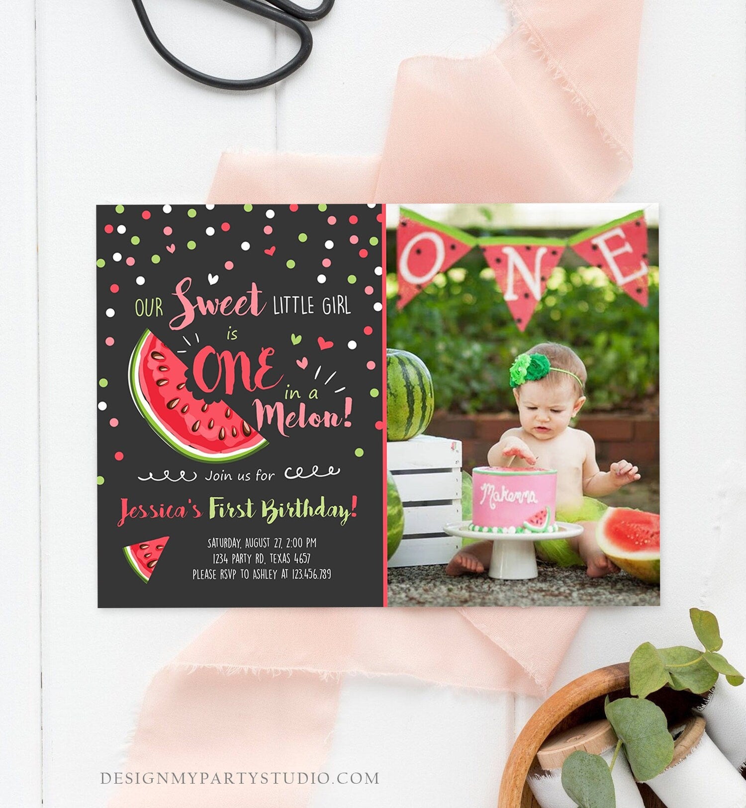 Editable Watermelon Birthday Invitation Girl Pink Red One in a Melon Party Summer Fruit First Birthday 1st Corjl Template Printable 0120