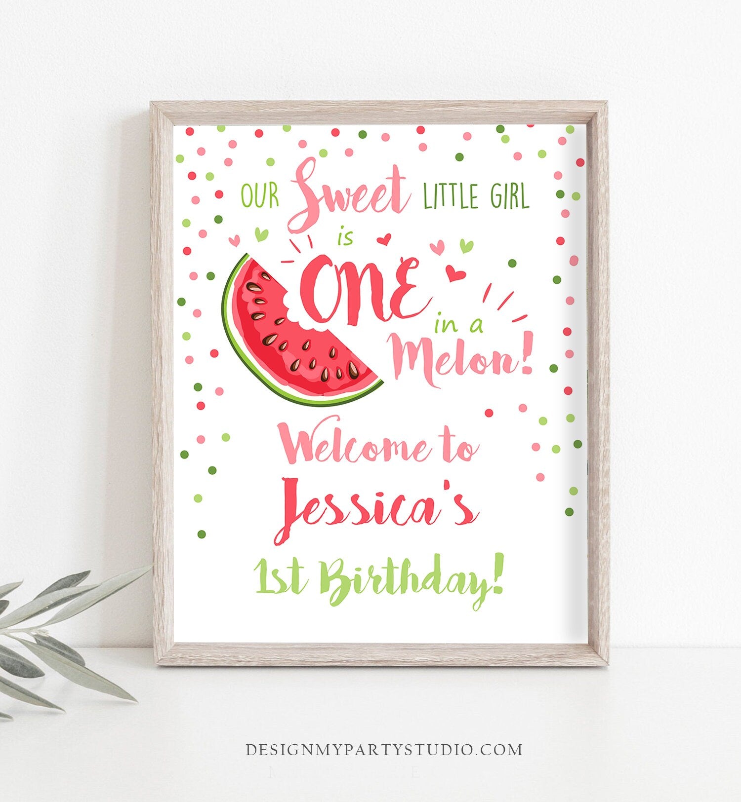Editable Watermelon Welcome Sign Birthday Girl Pink Red One in a Melon Party Summer Fruit First Birthday 1st Corjl Template Printable 0120