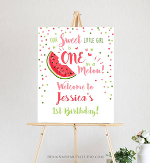 Editable Watermelon Welcome Sign Birthday Girl Pink Red One in a Melon Party Summer Fruit First Birthday 1st Corjl Template Printable 0120