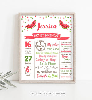 Editable Watermelon Birthday Milestone Sign First Birthday 1st Girl Pink Red One in a Melon Party Summer Fruit Poster Corjl Template 0120