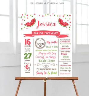 Editable Watermelon Birthday Milestone Sign First Birthday 1st Girl Pink Red One in a Melon Party Summer Fruit Poster Corjl Template 0120