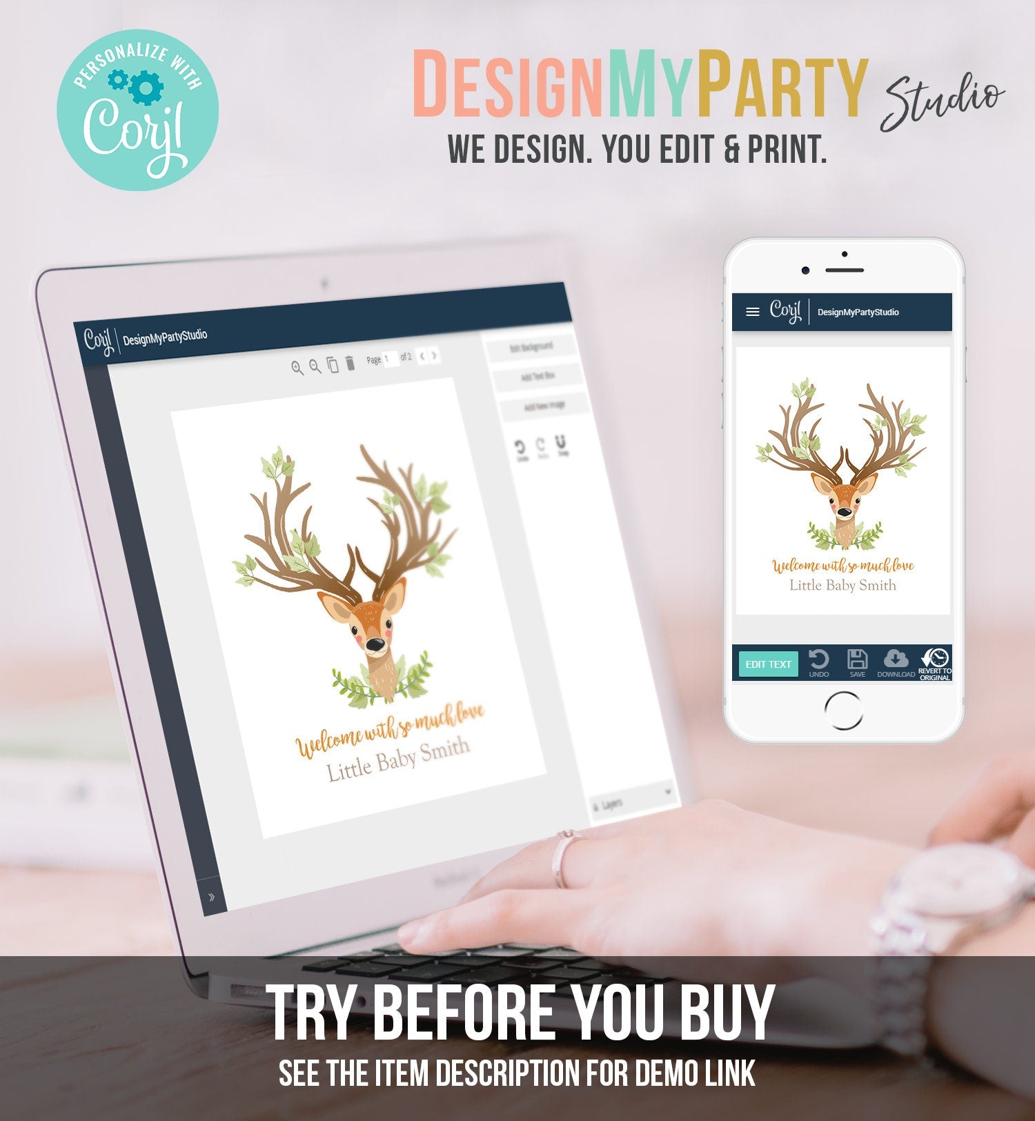 Editable Deer Fingerprint Guestbook Baby Shower Birthday Thumbprints Boy Girl Neutral Guest Book Woodland Antler Digital Corjl Template 0060