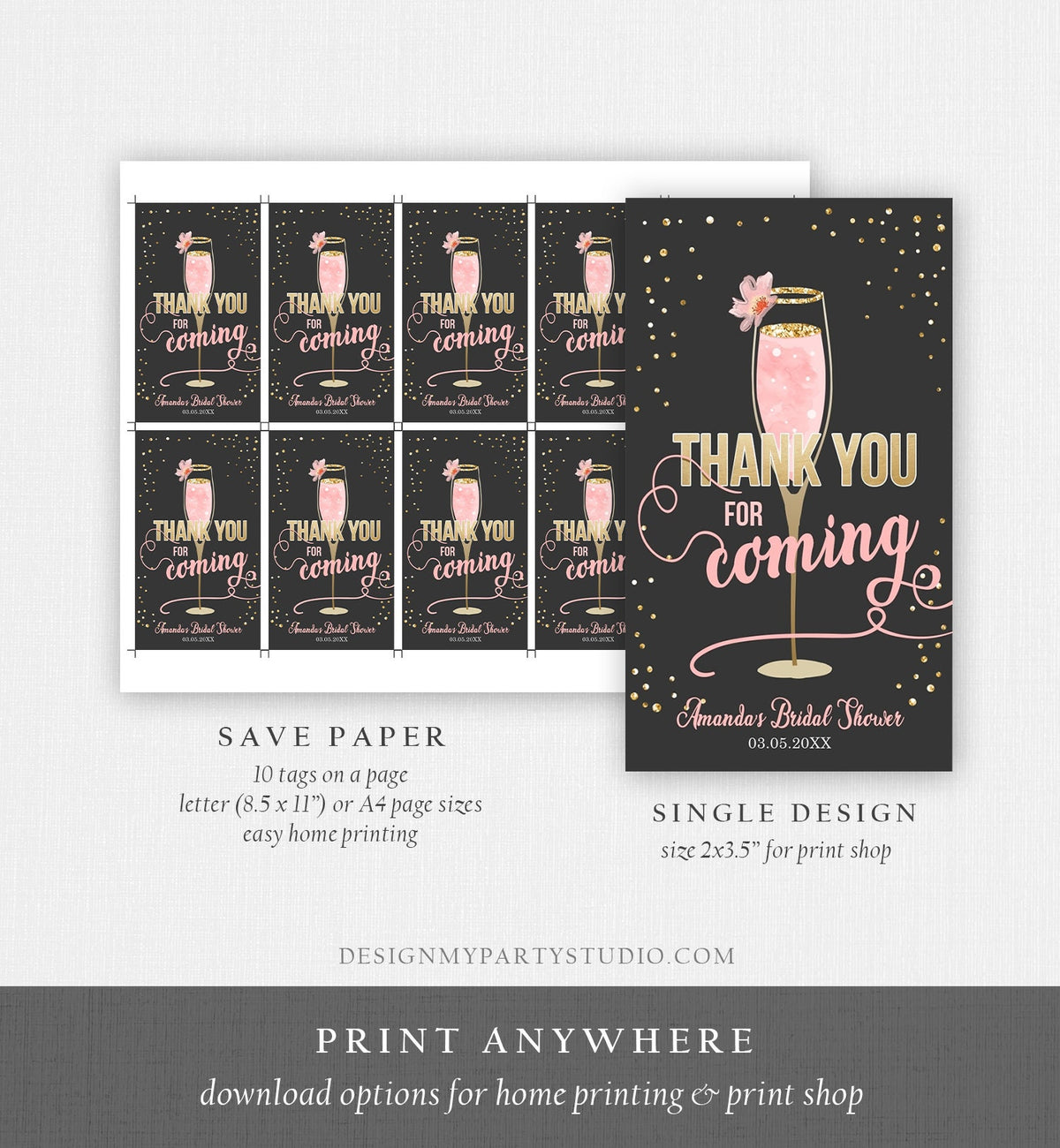 Editable Brunch and Bubbly Thank You Tags Bubbly Bridal Shower Favor Tags Pink Gold Chalk Floral Printable Tag Corjl Template Printable 0150