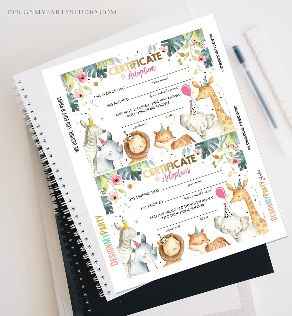 Adopt an Animal Adoption Certificate Safari Animals Adoption Wild One Birthday Party Animals Birthday Girl Download Digital PRINTABLE 0163