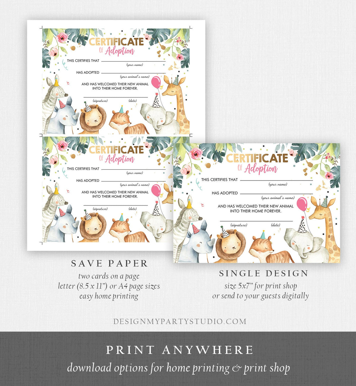 Adopt an Animal Adoption Certificate Safari Animals Adoption Wild One Birthday Party Animals Birthday Girl Download Digital PRINTABLE 0163