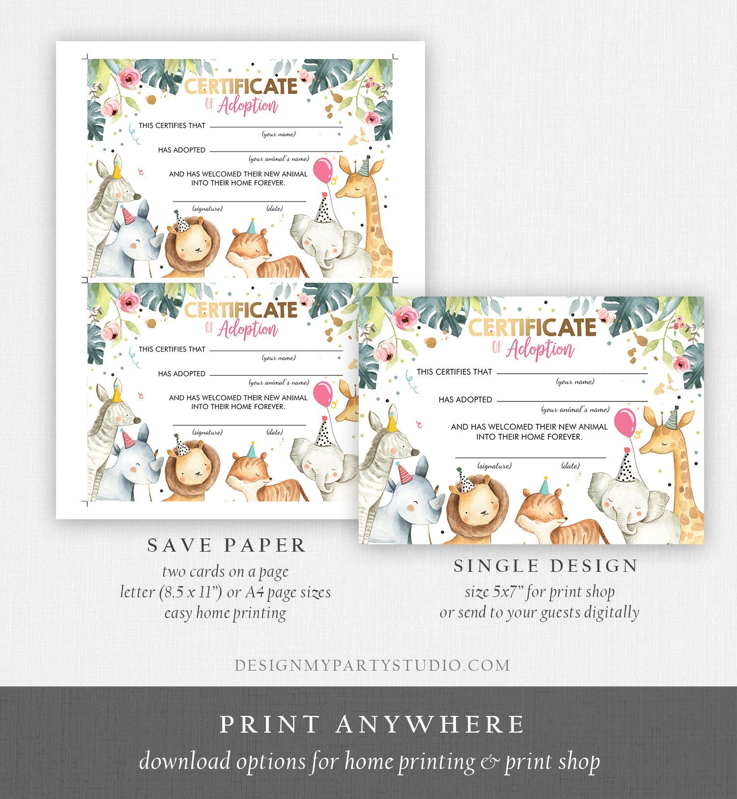 Adopt an Animal Adoption Certificate Safari Animals Adoption Wild One Birthday Party Animals Birthday Girl Download Digital PRINTABLE 0163