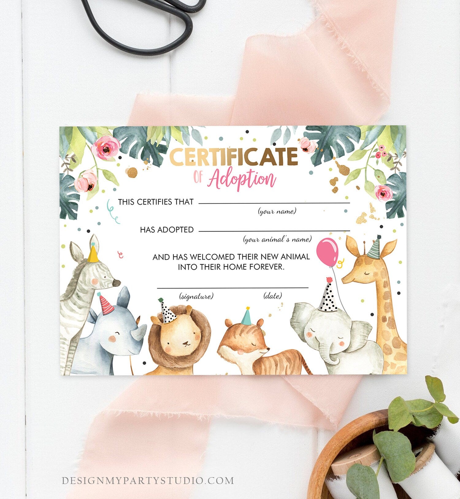 Adopt an Animal Adoption Certificate Safari Animals Adoption Wild One Birthday Party Animals Birthday Girl Download Digital PRINTABLE 0163