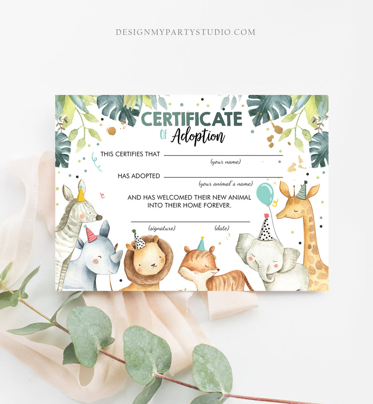 Adopt an Animal Adoption Certificate Safari Animals Adoption Wild One Birthday Party Animals Watercolor Boy Digital Download Printable 0163
