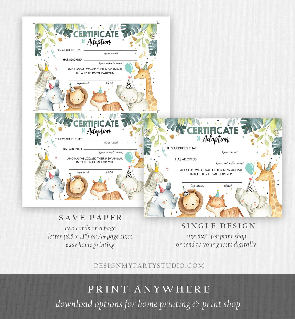 Adopt an Animal Adoption Certificate Safari Animals Adoption Wild One Birthday Party Animals Watercolor Boy Digital Download Printable 0163