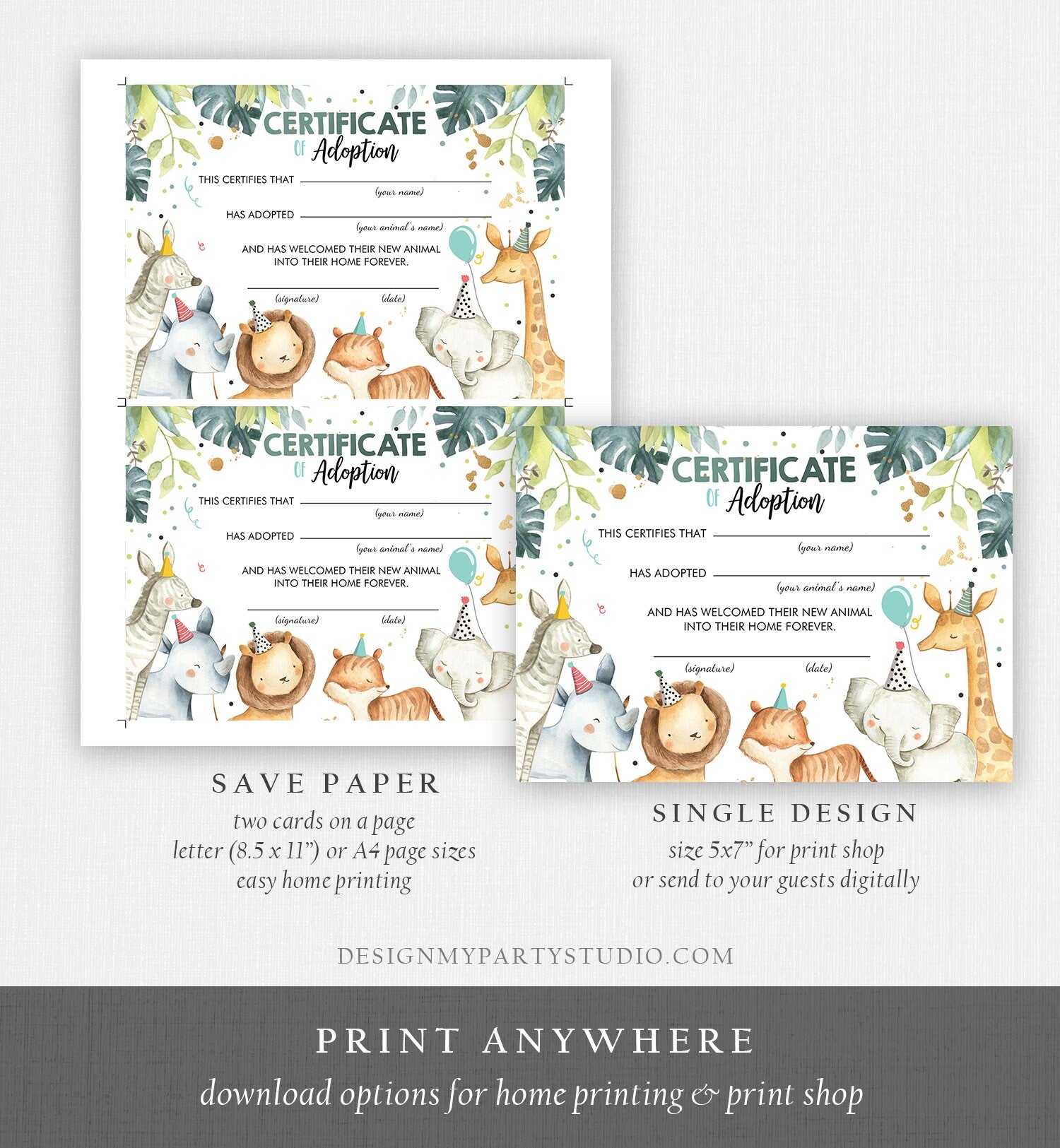 Adopt an Animal Adoption Certificate Safari Animals Adoption Wild One Birthday Party Animals Watercolor Boy Digital Download Printable 0163