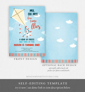 Editable Kite Birthday Invitation Oh My Time Flies First Birthday Boy Park Birthday Invite Summer Download Printable Corjl Template 0316
