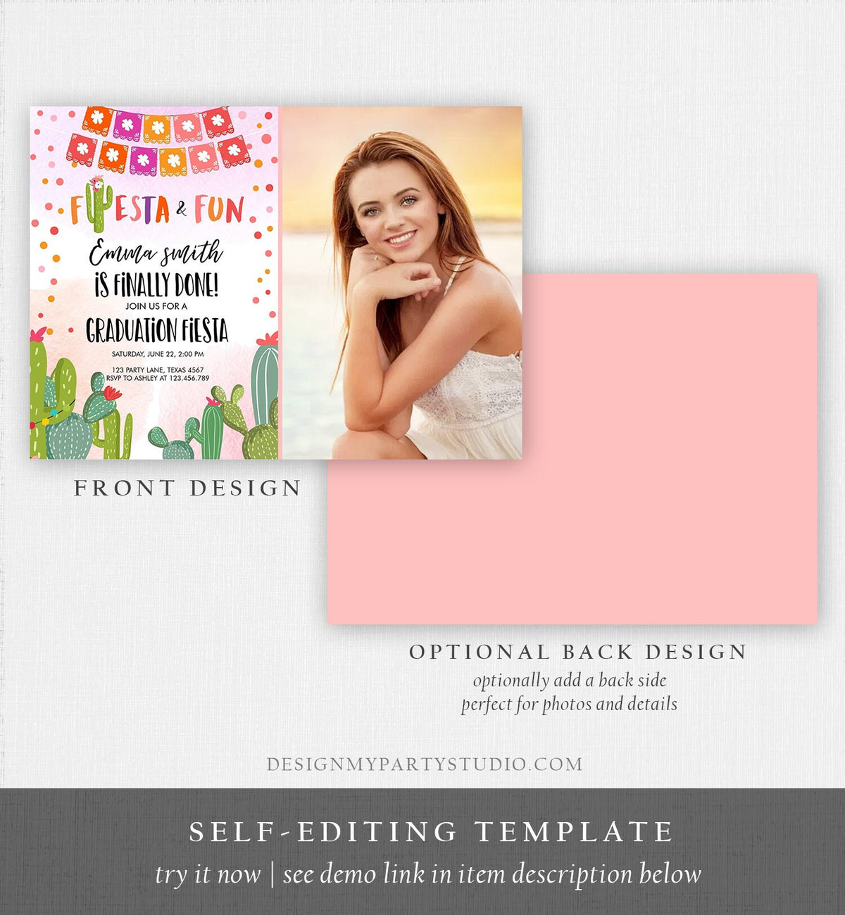 Editable Fiesta and Fun Graduation Party Invitation Finally Done Let&#39;s Fiesta Mexican Cactus Pink Girl Template Download Digital Corjl 0135