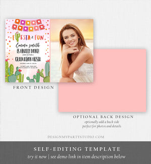 Editable Fiesta and Fun Graduation Party Invitation Finally Done Let's Fiesta Mexican Cactus Pink Girl Template Download Digital Corjl 0135