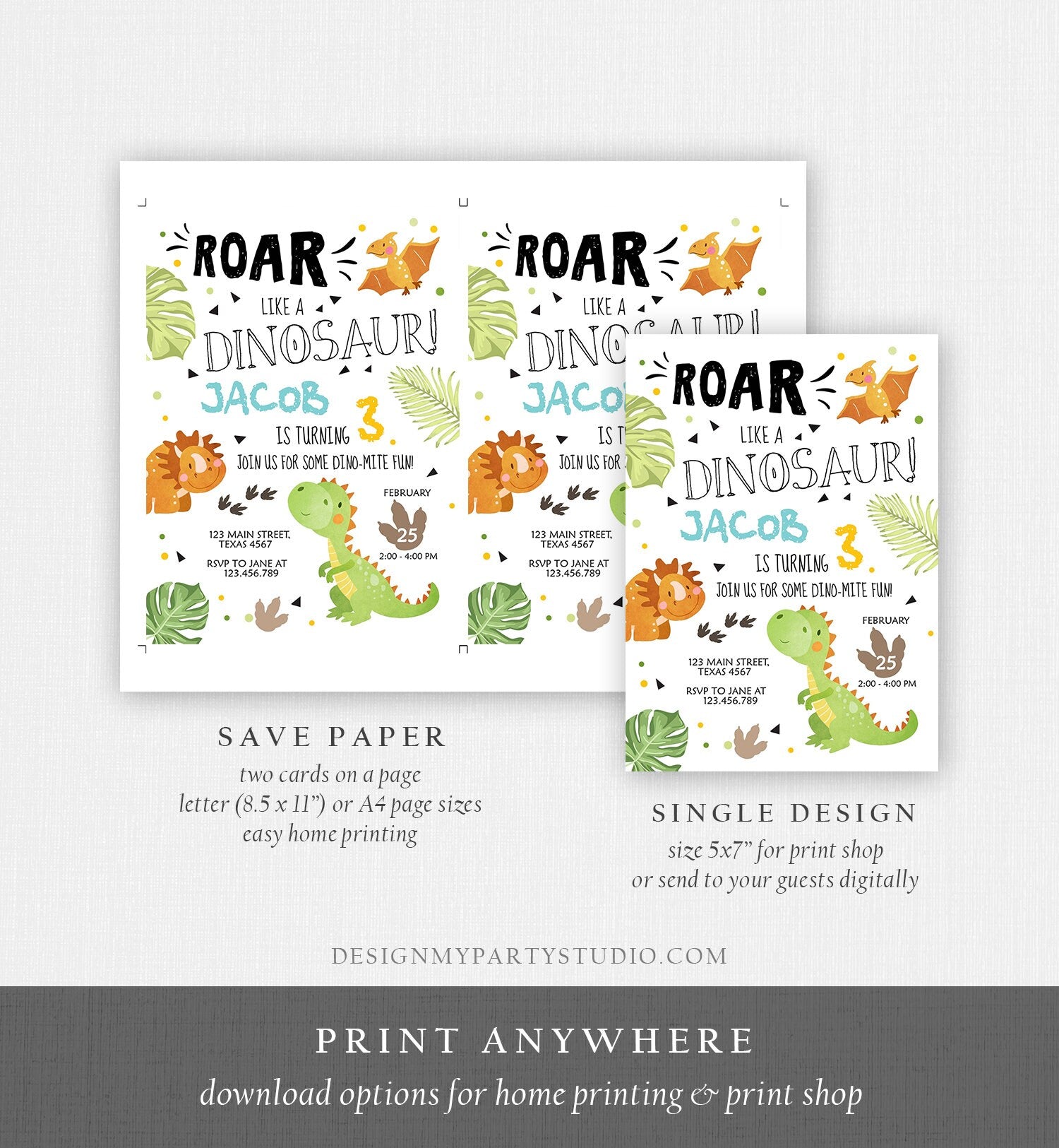 Editable Dinosaur Birthday Invitation Dino Dig Party Prehistoric Boy T-Rex Roar Fossil Party Digital Download Printable Template Corjl 0283