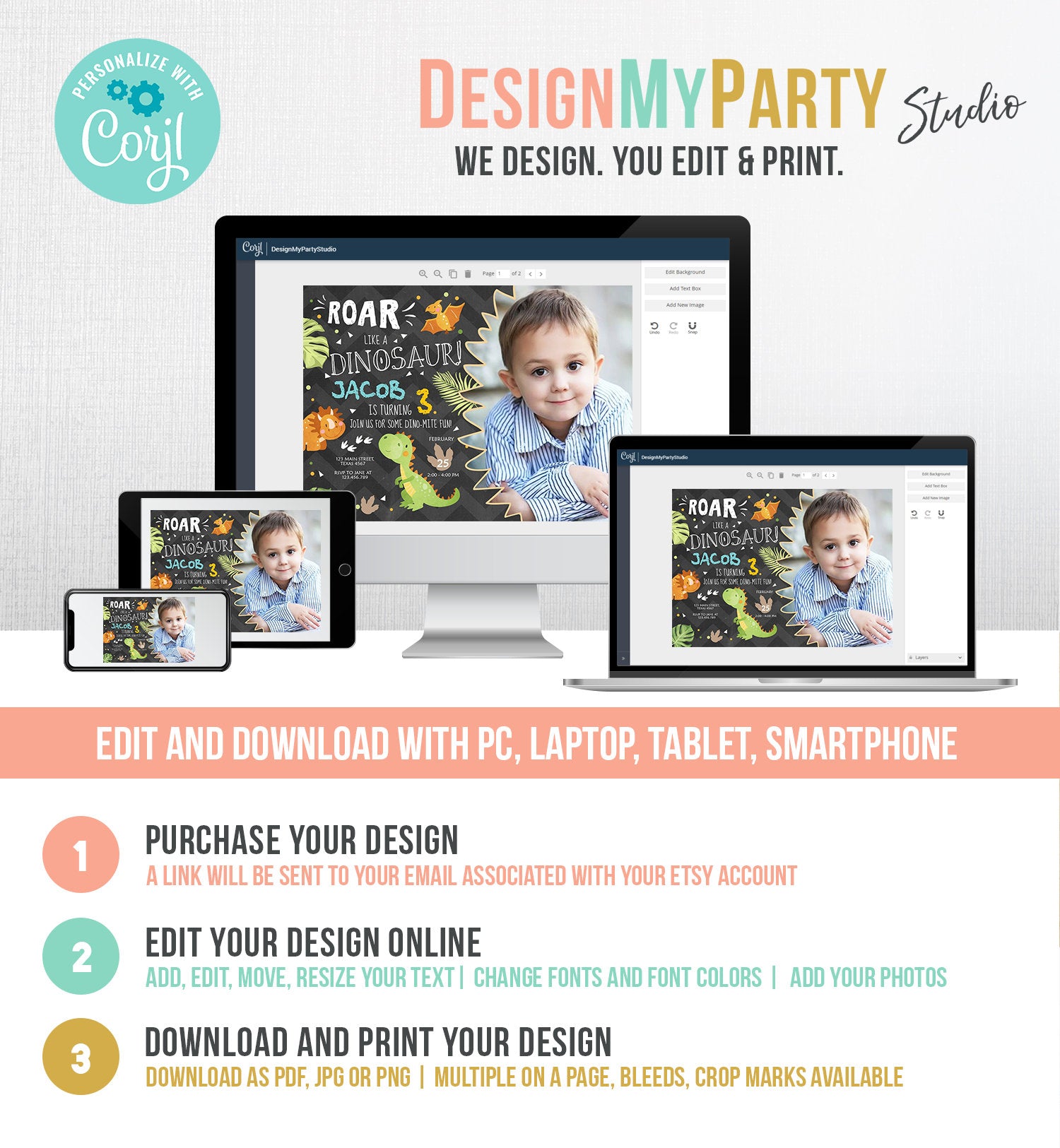 Editable Dinosaur Birthday Invitation Dino Dig Party Prehistoric Boy T-Rex Roar Fossil Party Digital Download Printable Template Corjl 0283