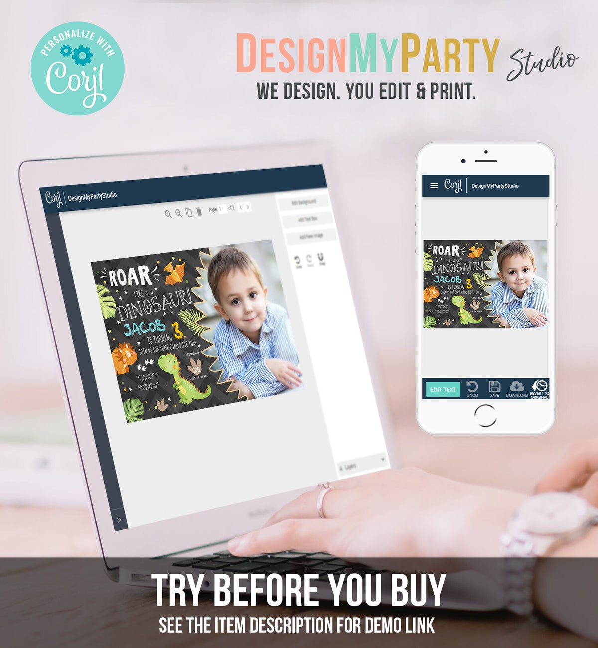 Editable Dinosaur Birthday Invitation Dino Dig Party Prehistoric Boy T-Rex Roar Fossil Party Digital Download Printable Template Corjl 0283