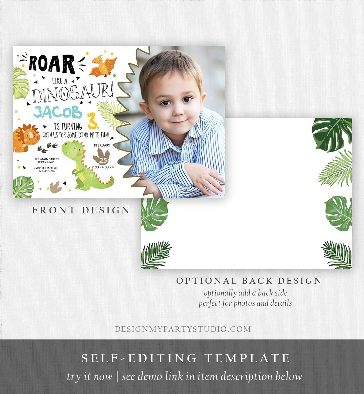 Editable Dinosaur Birthday Invitation Dino Dig Party Prehistoric Boy T-Rex Roar Fossil Party Digital Download Printable Template Corjl 0283