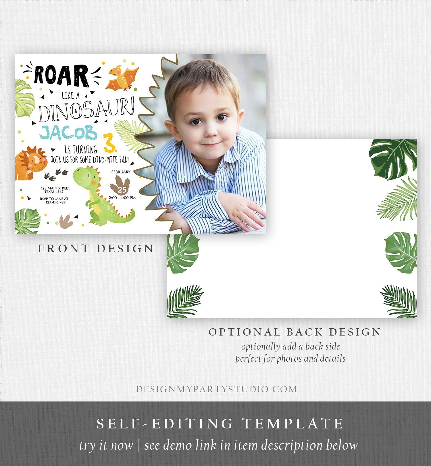 Editable Dinosaur Birthday Invitation Dino Dig Party Prehistoric Boy T-Rex Roar Fossil Party Digital Download Printable Template Corjl 0283