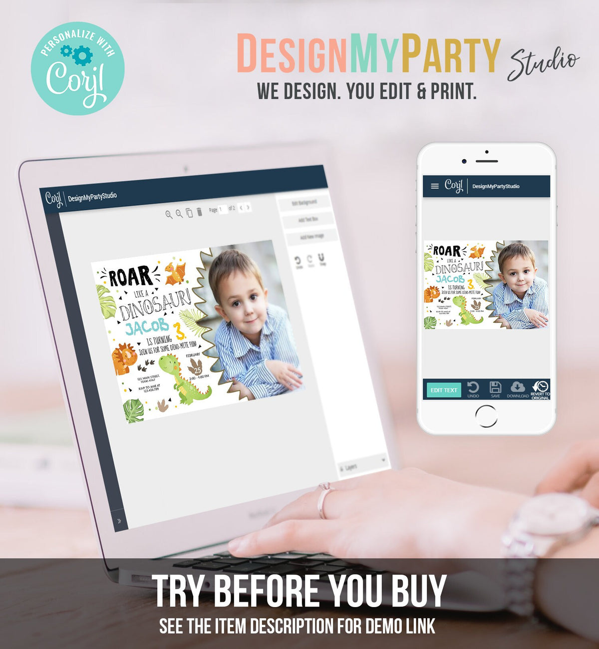 Editable Dinosaur Birthday Invitation Dino Dig Party Prehistoric Boy T-Rex Roar Fossil Party Digital Download Printable Template Corjl 0283