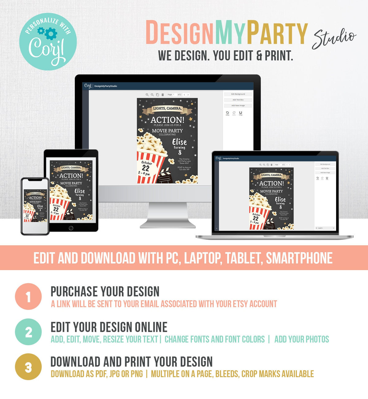 Editable Movie Night Birthday Invitation Boy Girl Movie Invite Cinema Party Backyard Movie Popcorn Digital Download Template Printable 0182