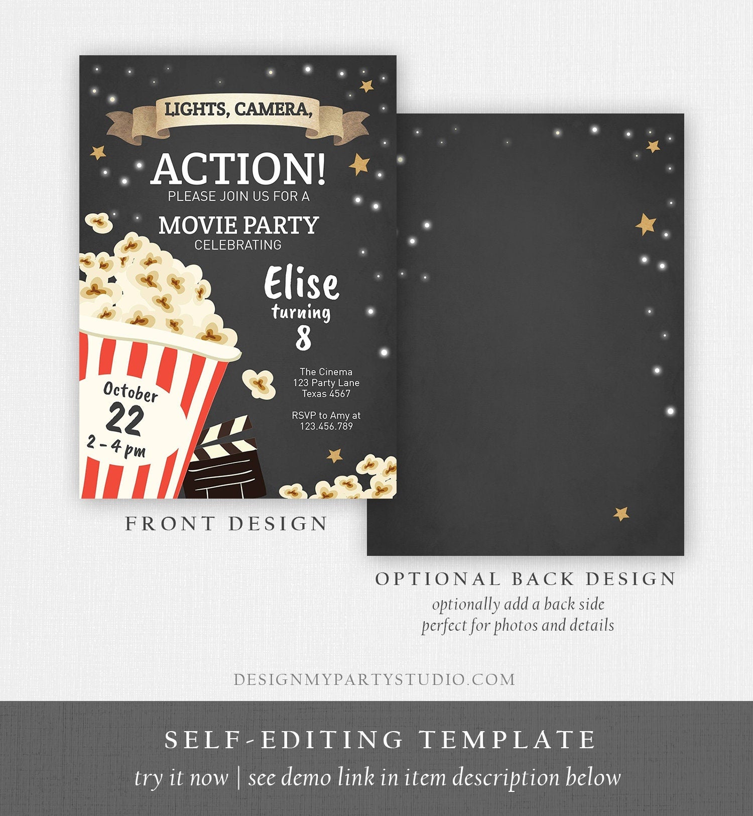Editable Movie Night Birthday Invitation Boy Girl Movie Invite Cinema Party Backyard Movie Popcorn Digital Download Template Printable 0182