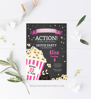 Editable Movie Night Birthday Invitation Pink Girl Movie Invite Cinema Party Backyard Movie Popcorn Download Printable Template Corjl 0182