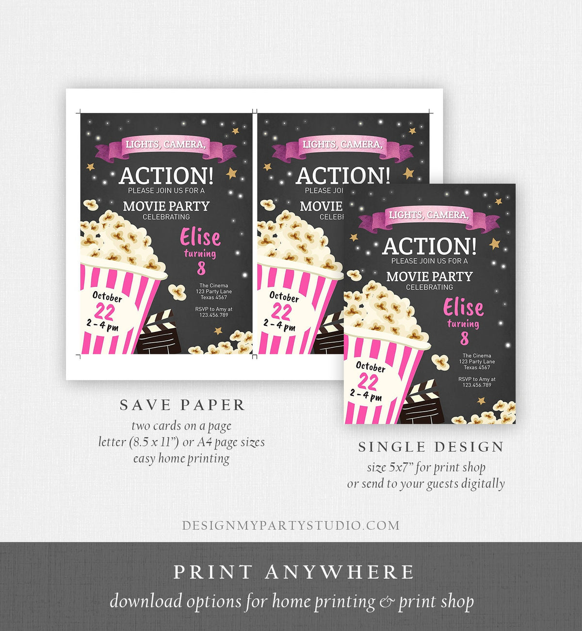 Editable Movie Night Birthday Invitation Pink Girl Movie Invite Cinema Party Backyard Movie Popcorn Download Printable Template Corjl 0182